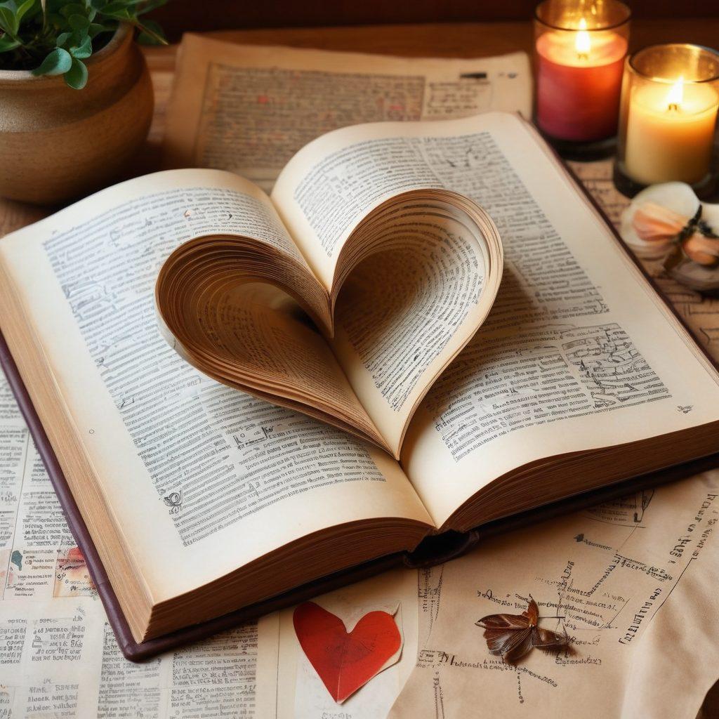 An open vintage book with delicate pages displaying intricate etymology charts and semantic diagrams. Surrounding the book are floating heart-shaped letters and words in various languages, symbolizing heartfelt communication. A soft warm light illuminates the scene, creating an inviting atmosphere. Incorporate rich textures and earthy colors to evoke a sense of wisdom and warmth. painting. vibrant colors.
